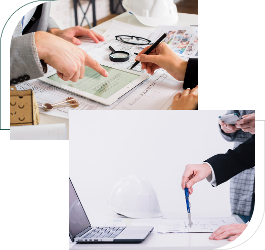Professionals reviewing construction plans and documents at a desk
